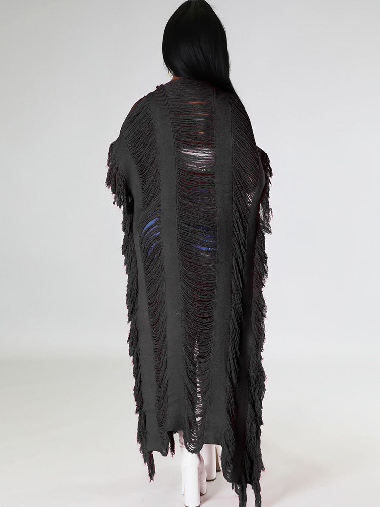 Knit Tassels Short Sleeves Long Cardigan