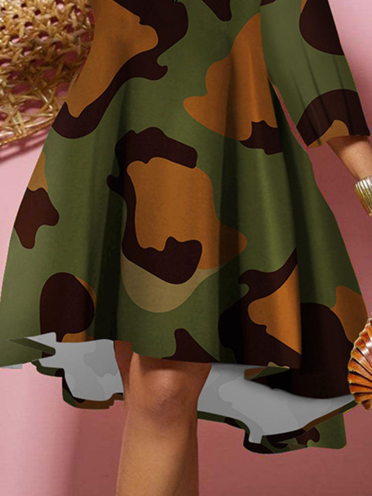 Long Sleeves V Neck Print Midi Dress