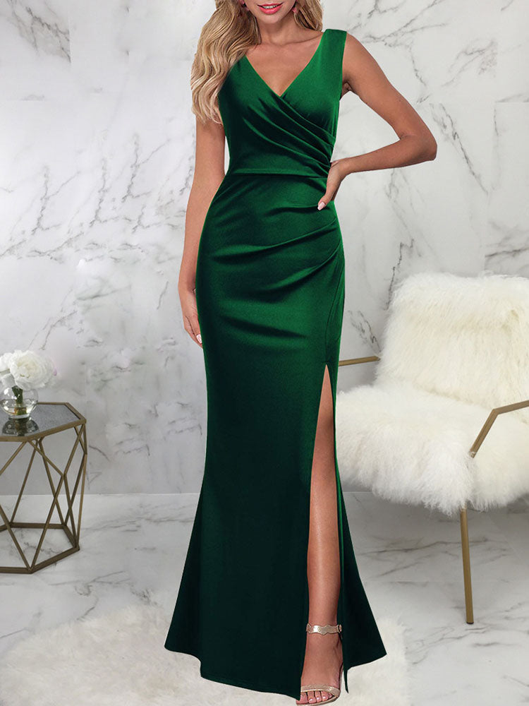 Sleeveless Ruched Split Maxi Dress