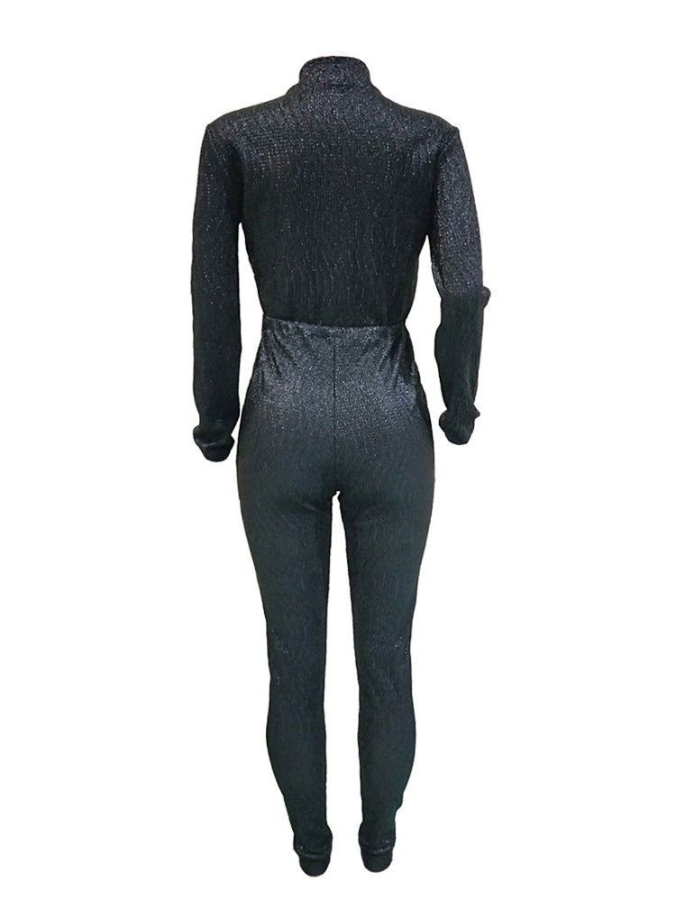 Long Sleeve Sequin Belted Jumpsuit