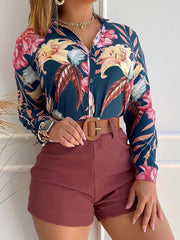 Two Piece Long Sleeve Shirt High Waist Shorts