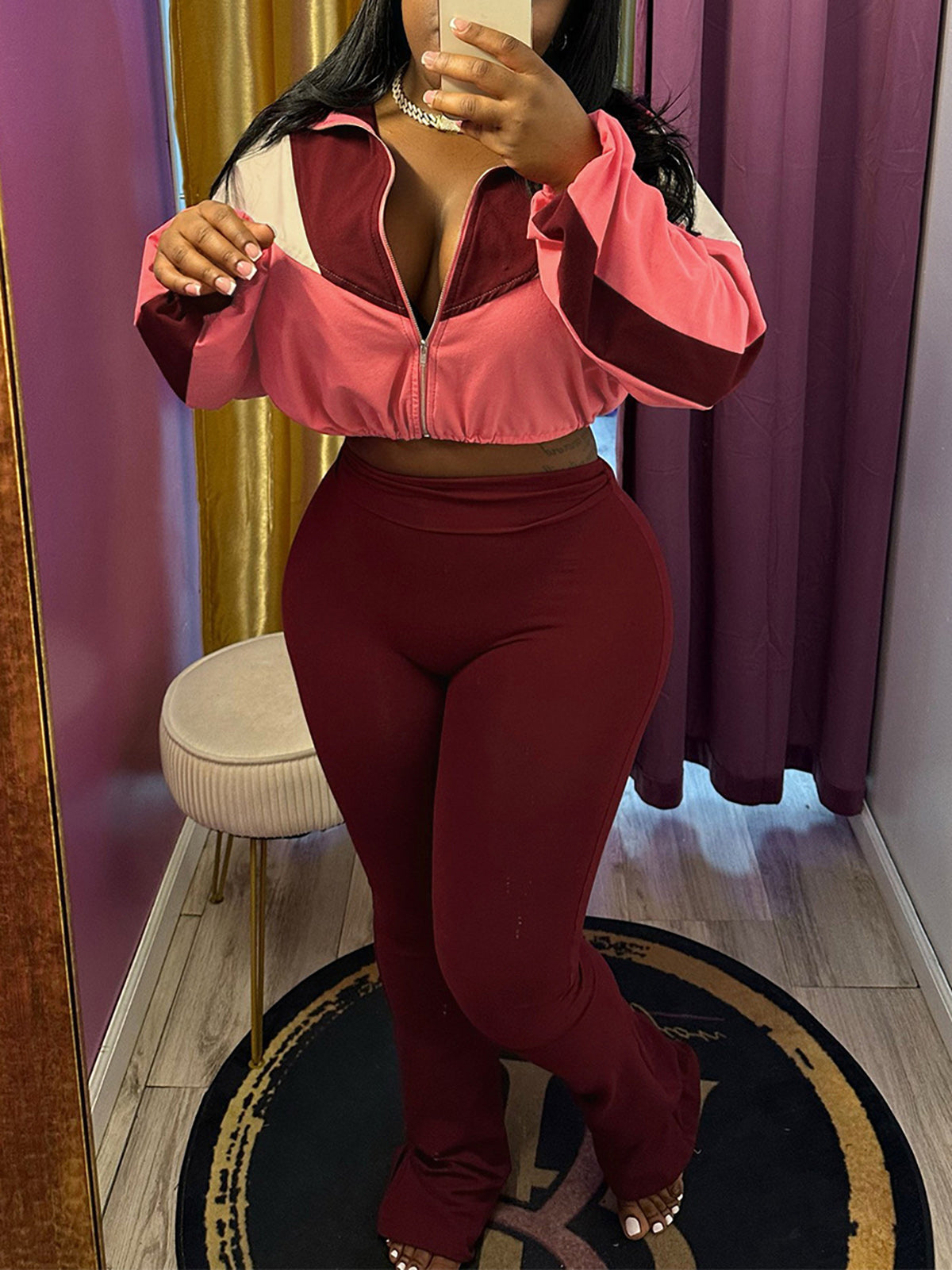 Color Block Zipper Cardigan and Tights Sports Set