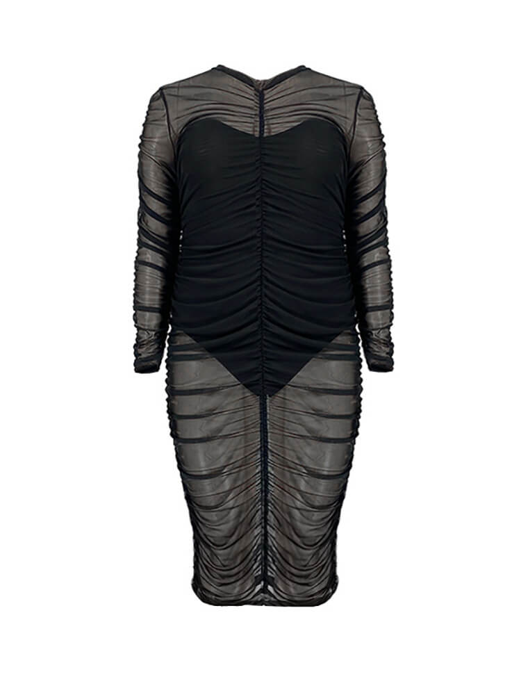 Plus Size Mesh Patchwork Long Sleeve Midi Dress