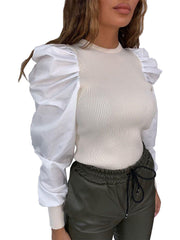 Puff Long Sleeve Patchwork Knit Top