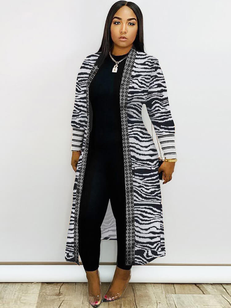 Long Sleeve Printed Color Block Cardigan