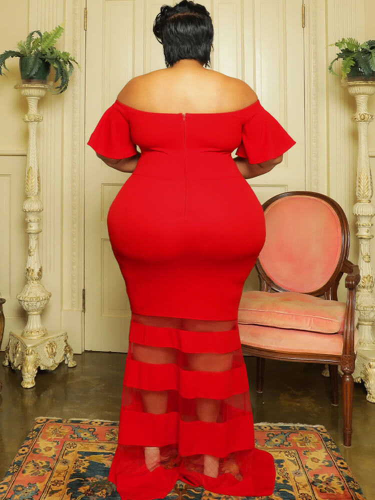 Off Shoulder Mesh Patchwork Bodycon Maxi Dress
