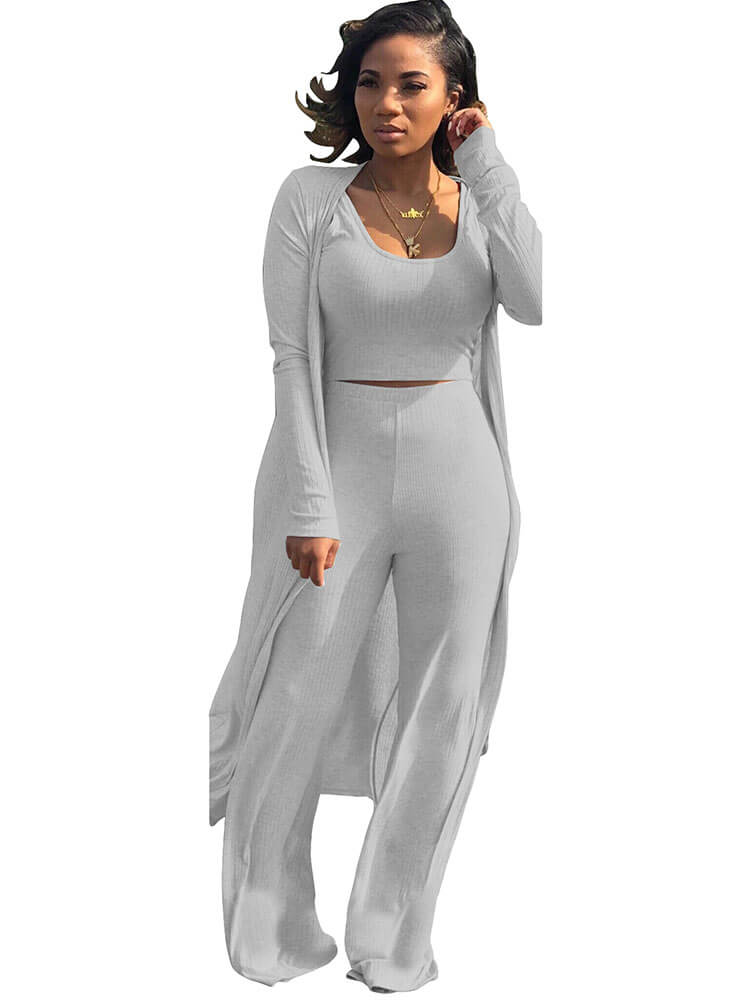 Three Pieces Set Crop Top Long Kimono Cardigan Pants