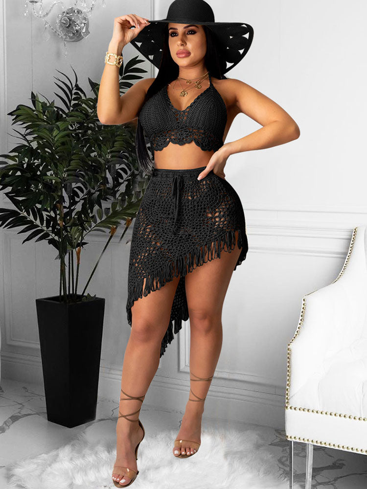 Two Piece Asymmetrical Knit Tassels Swimsuit