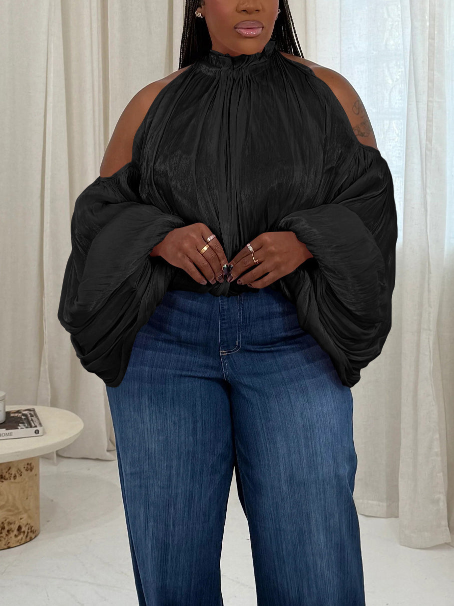 Off Shoulder Organza Lantern Sleeve Blouse