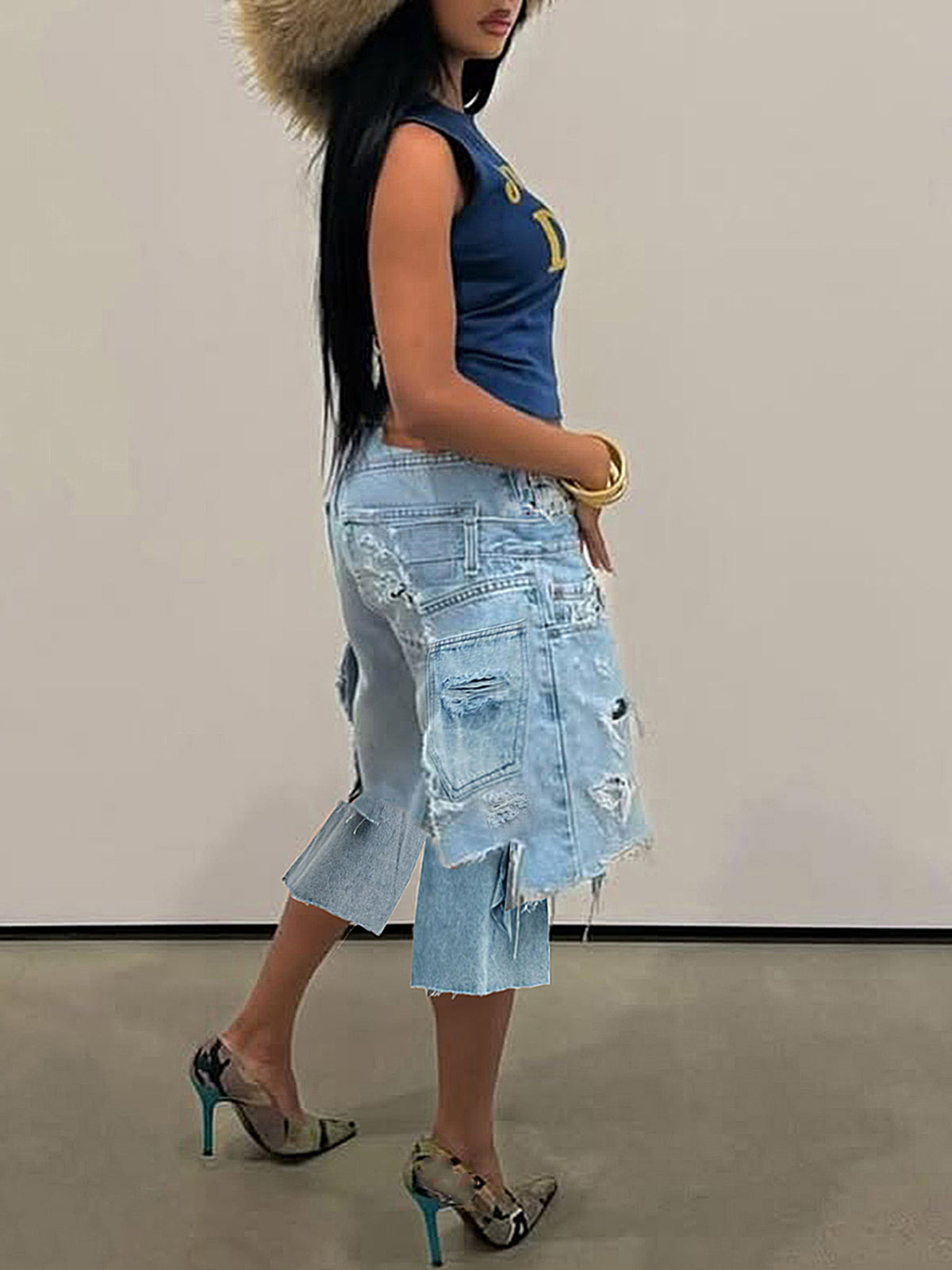 Asymmetrical Distressed Denim Capri Pants