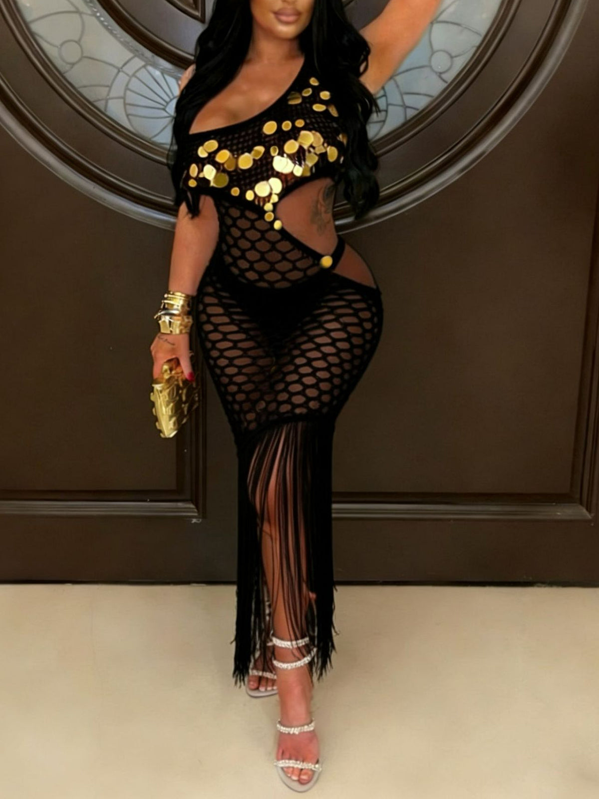 One Shoulder Crochet Fringe Sequin Beach Dress