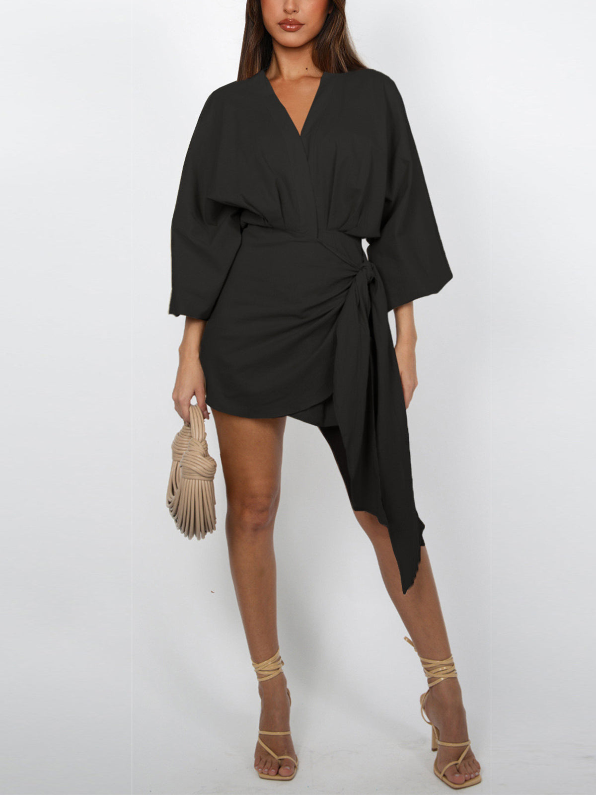 Belted Lantern Sleeve Mini Dress