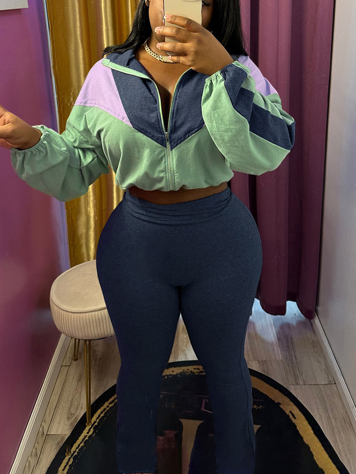 Color Block Zipper Cardigan and Tights Sports Set