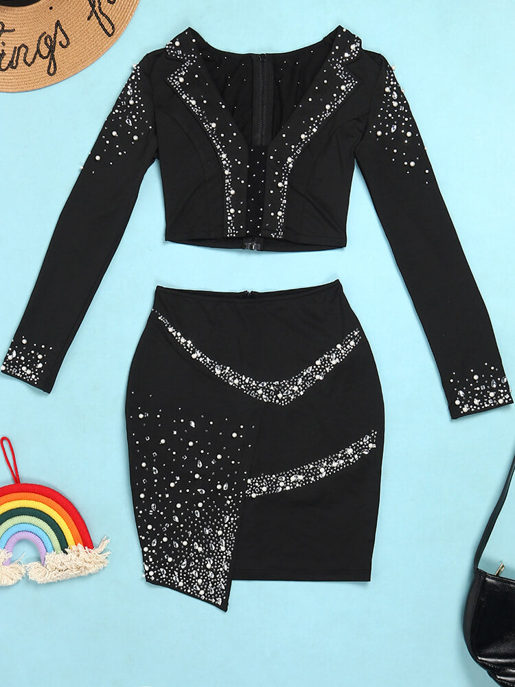 Two Piece Mesh Rhinestone Patchwork Top Skirts