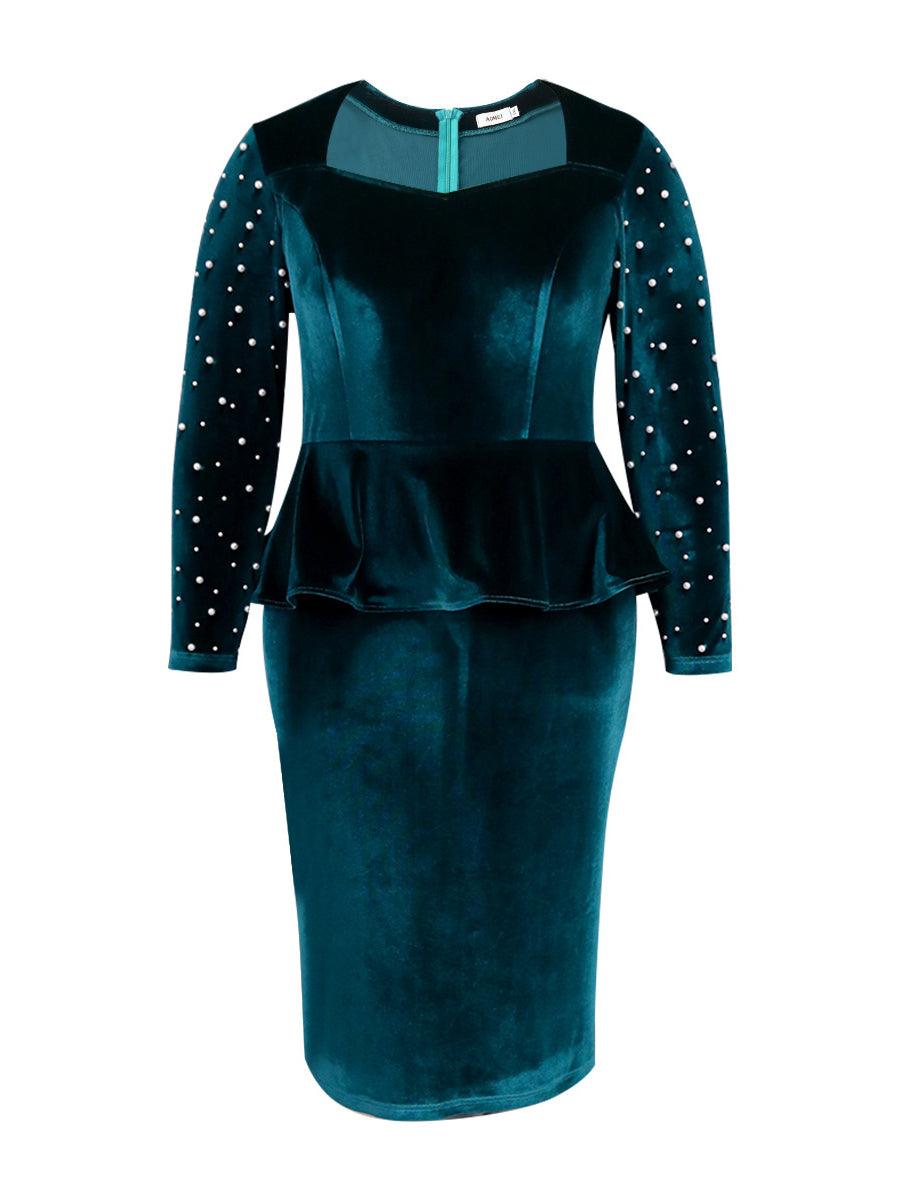 Velvet Ruffle Hem Beaded Midi Dress