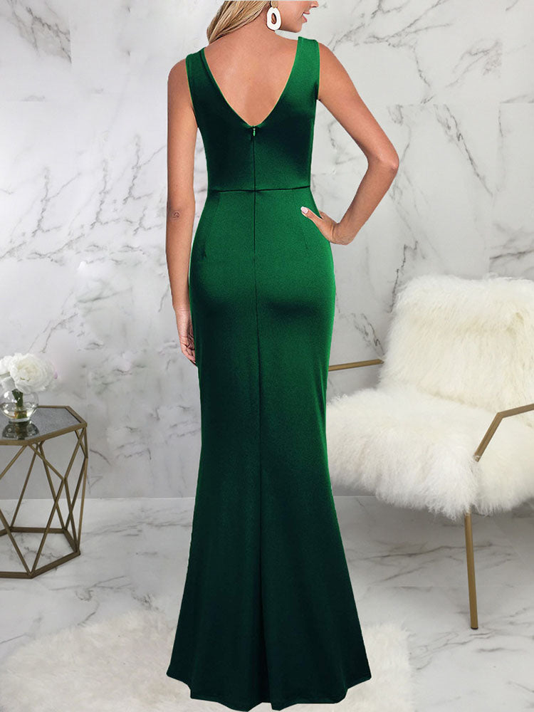 Sleeveless Ruched Split Maxi Dress