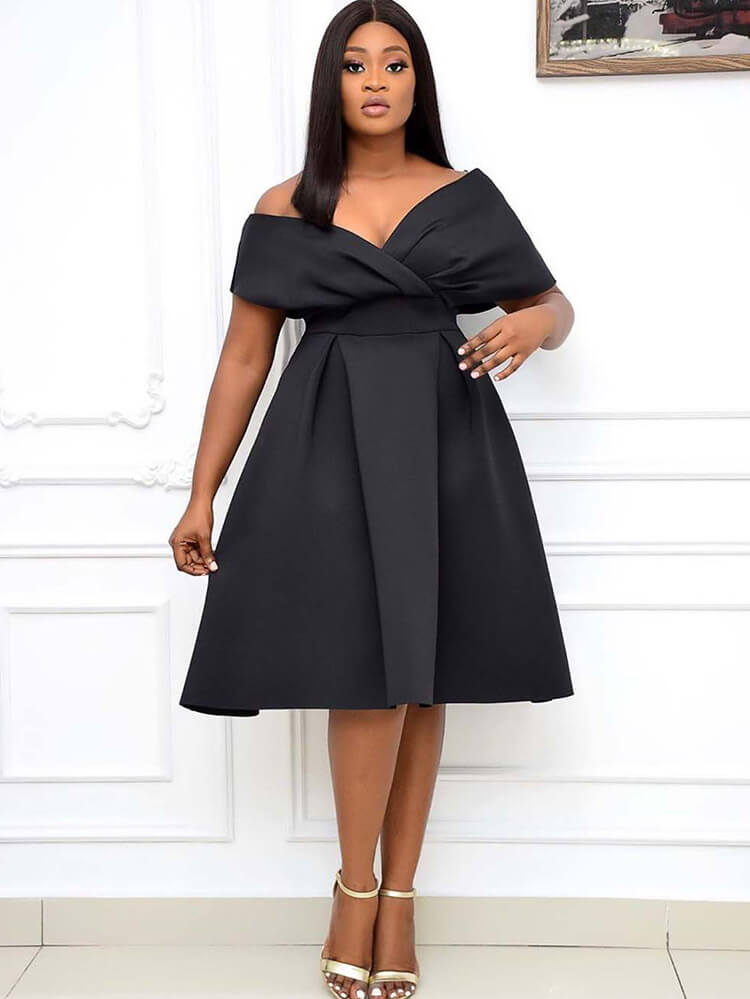 Off Shoulder Ruched Swing Midi Dress