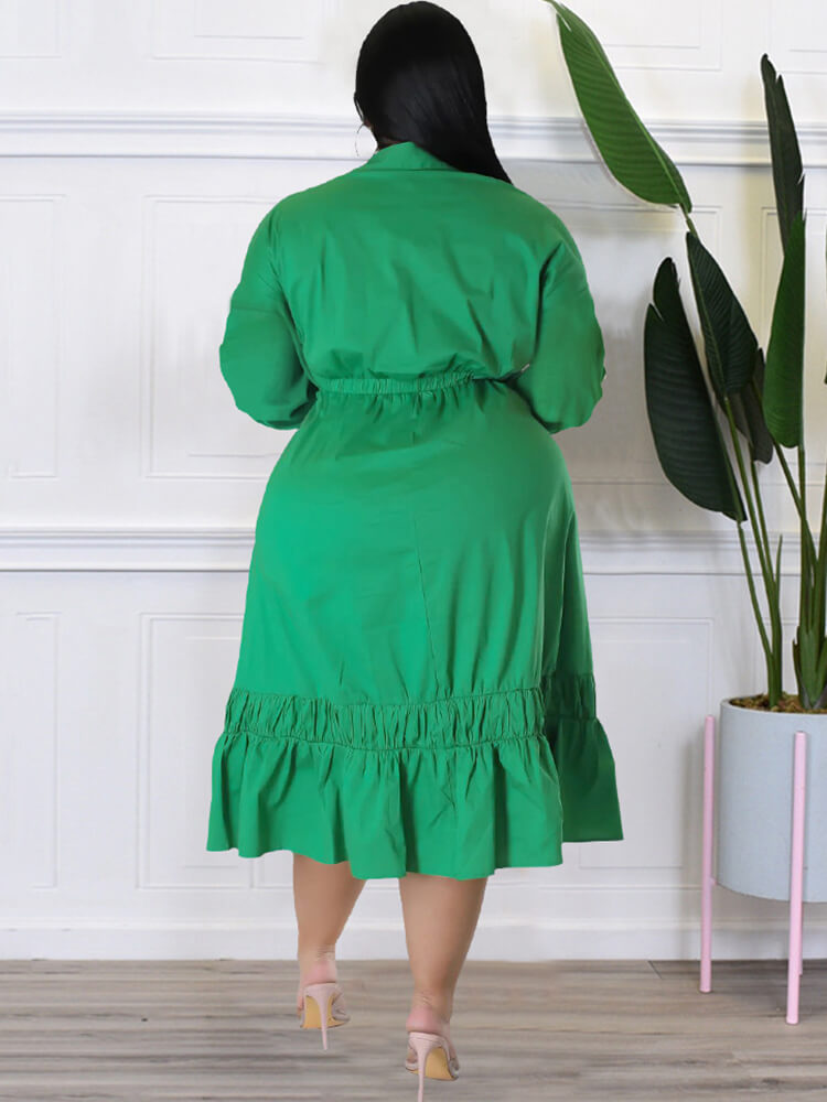 Long Sleeve Lace Up Solid Midi Dress