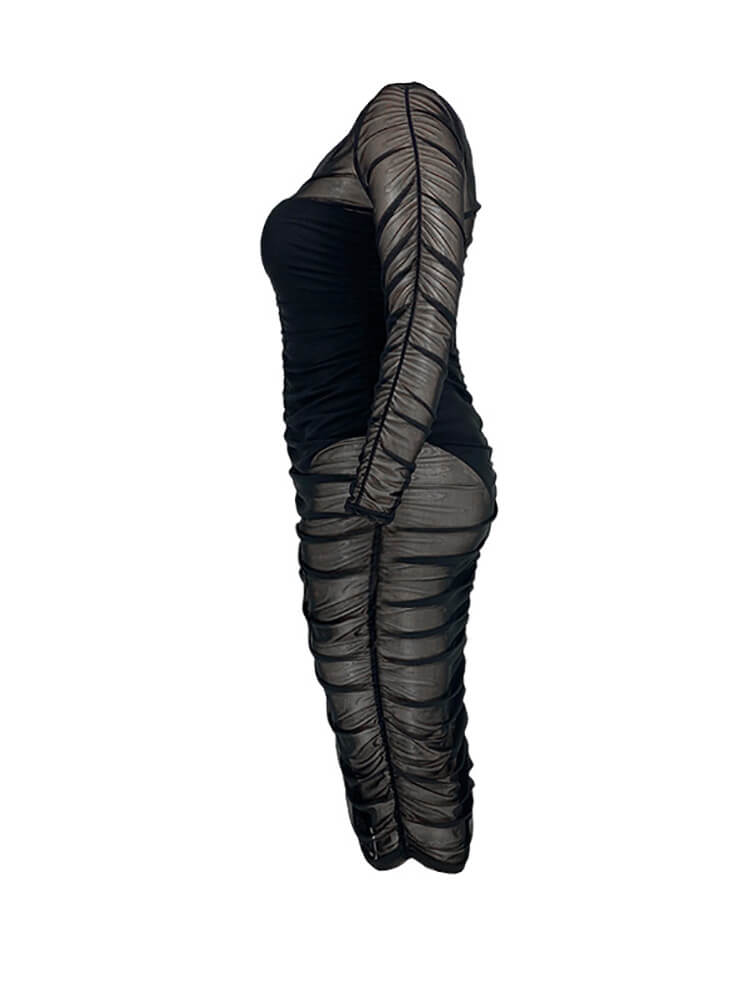 Plus Size Mesh Patchwork Long Sleeve Midi Dress