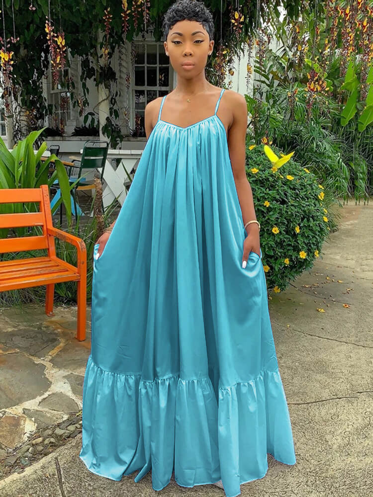 Plus Size Spaghetti Strap Ruffle Beach Maxi Swing Dress