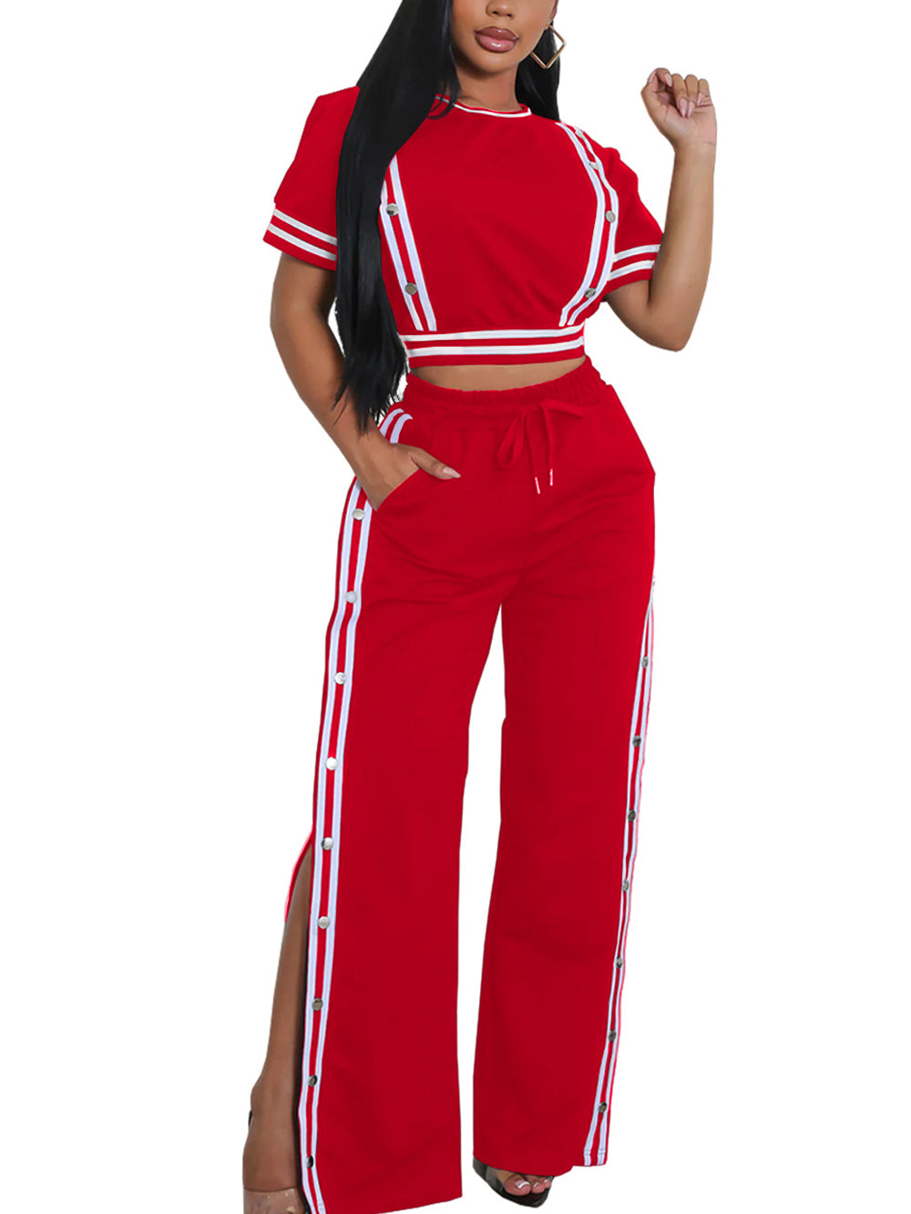 Two Pieces Side Stripe Top Split Wide-Leg Pants