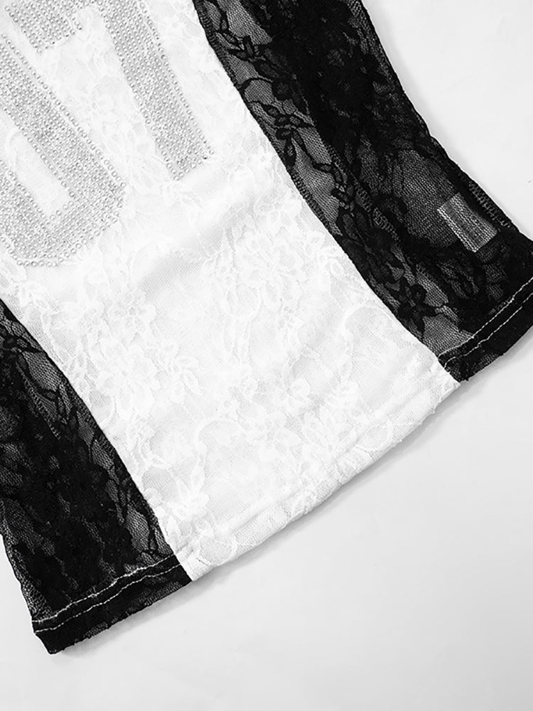 Rhinestone Mesh Lace Crop Top