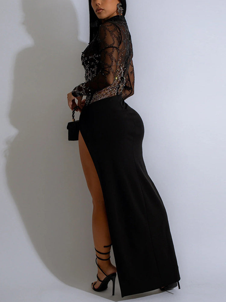 Rhinestone Mesh Maxi Split Dress