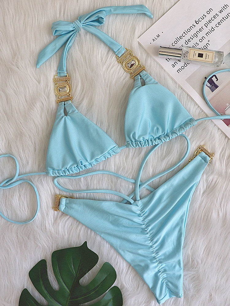 Two Piece Rhinestone Halter Bikini Swimsuit