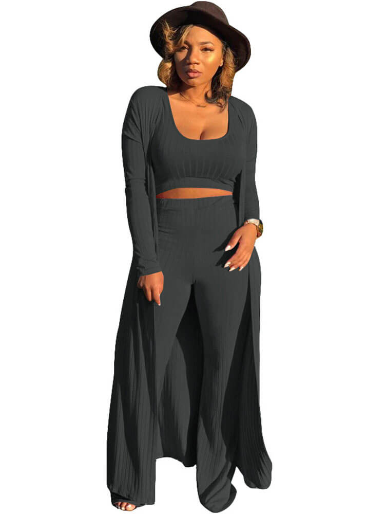 Three Pieces Set Crop Top Long Kimono Cardigan Pants