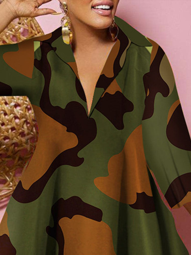 Long Sleeves V Neck Print Midi Dress