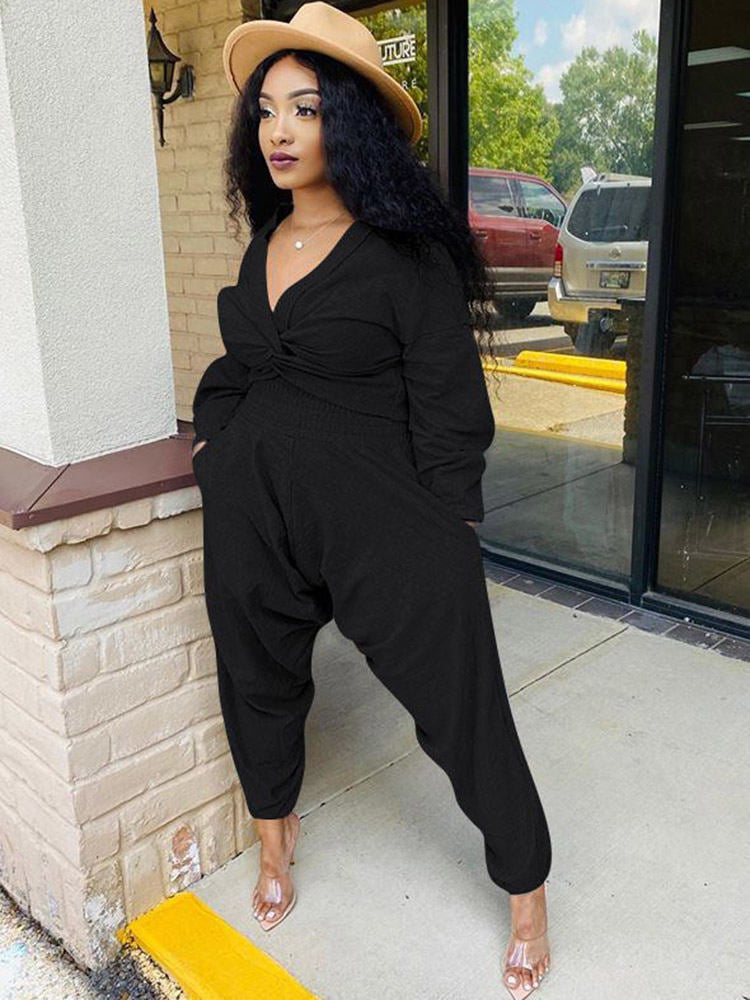 Two Piece V Neck Knot Crop Top Pants