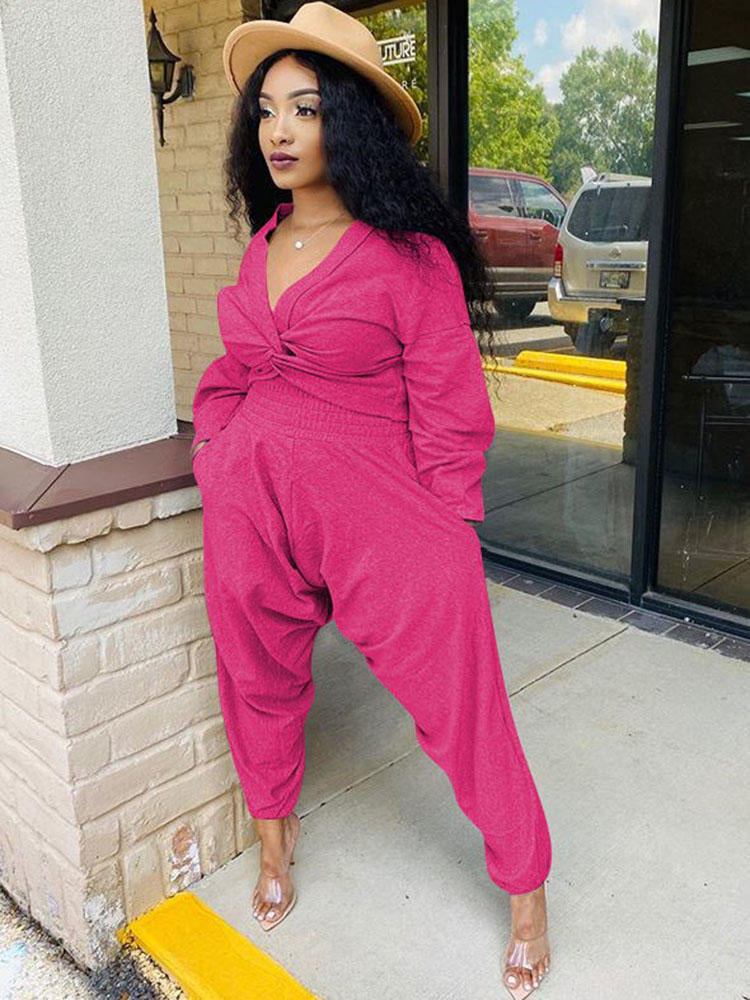 Two Piece V Neck Knot Crop Top Pants