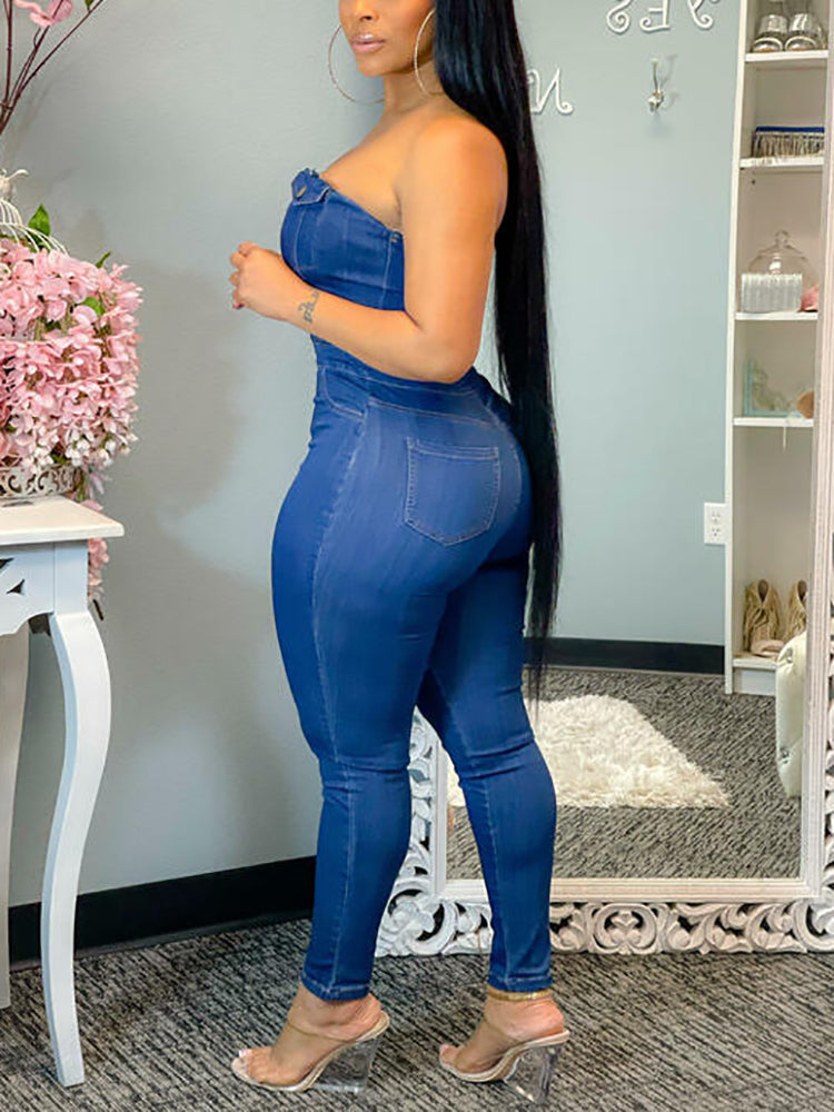 Strapless Button-Up Denim Jumpsuit