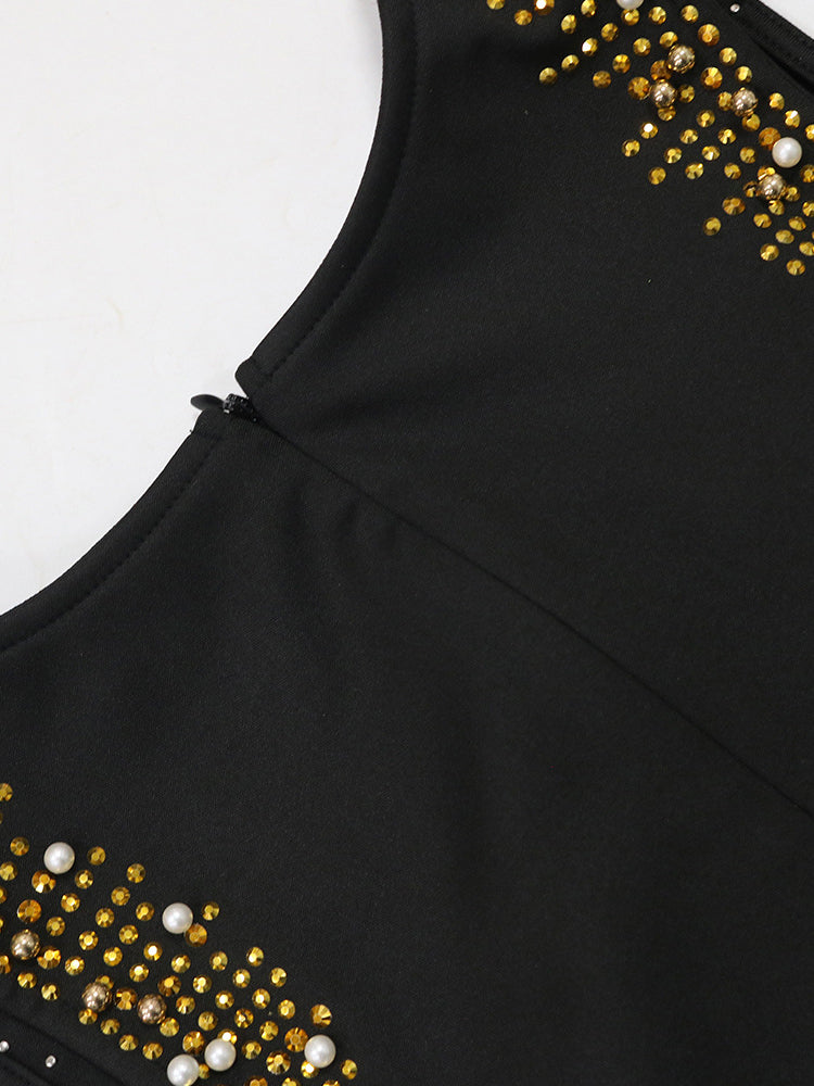 Sleeveless Rhinestone Fringe Hem Maxi Dress