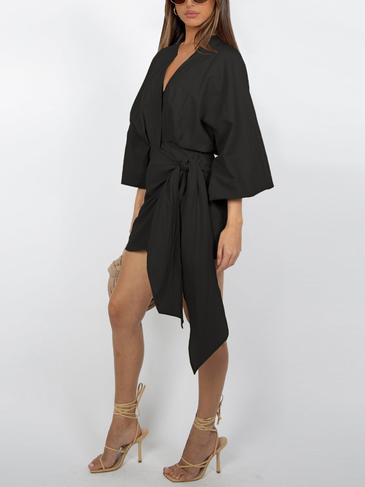 Belted Lantern Sleeve Mini Dress