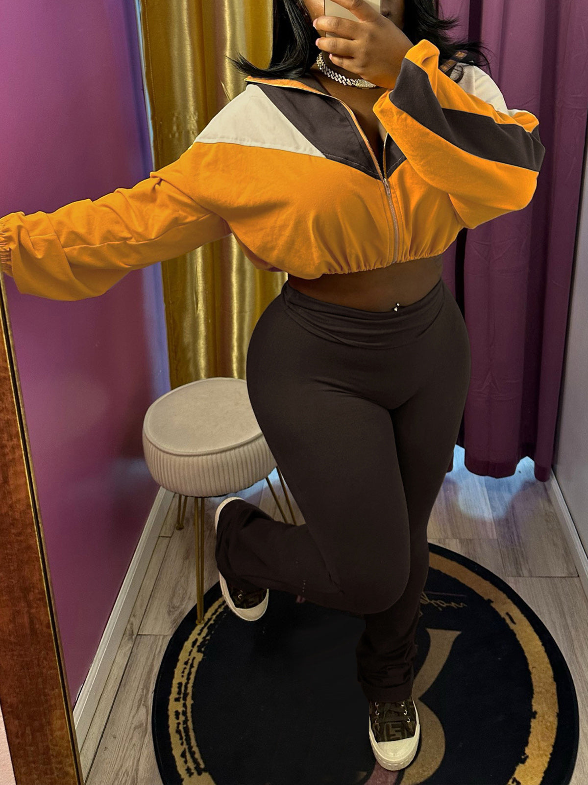 Color Block Zipper Cardigan and Tights Sports Set