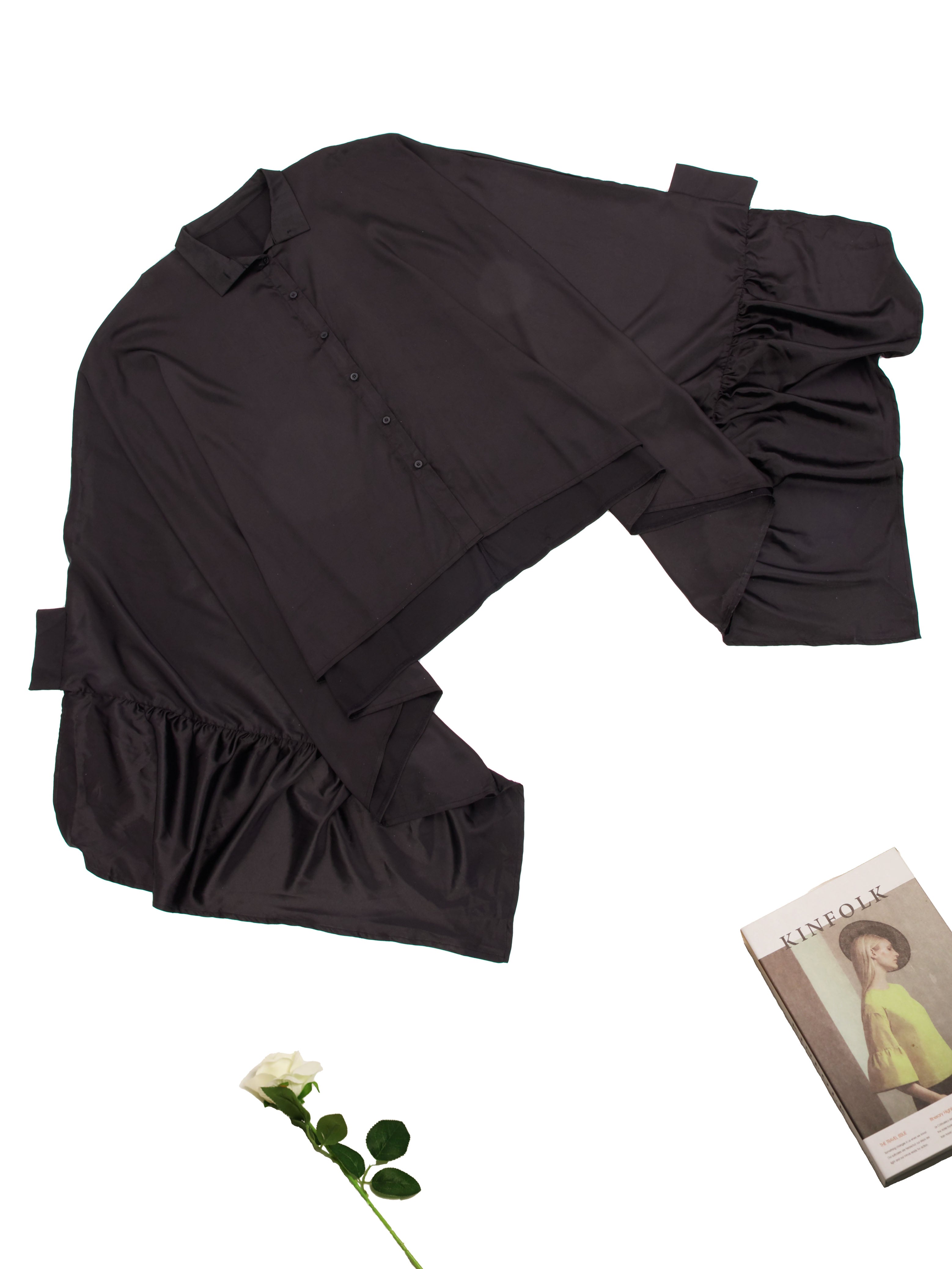 Irregular Loose Batwing Sleeve Silky Button-Up Blouse