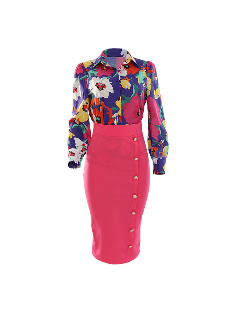 Two Piece Floral Print Shirt Midi Skirts