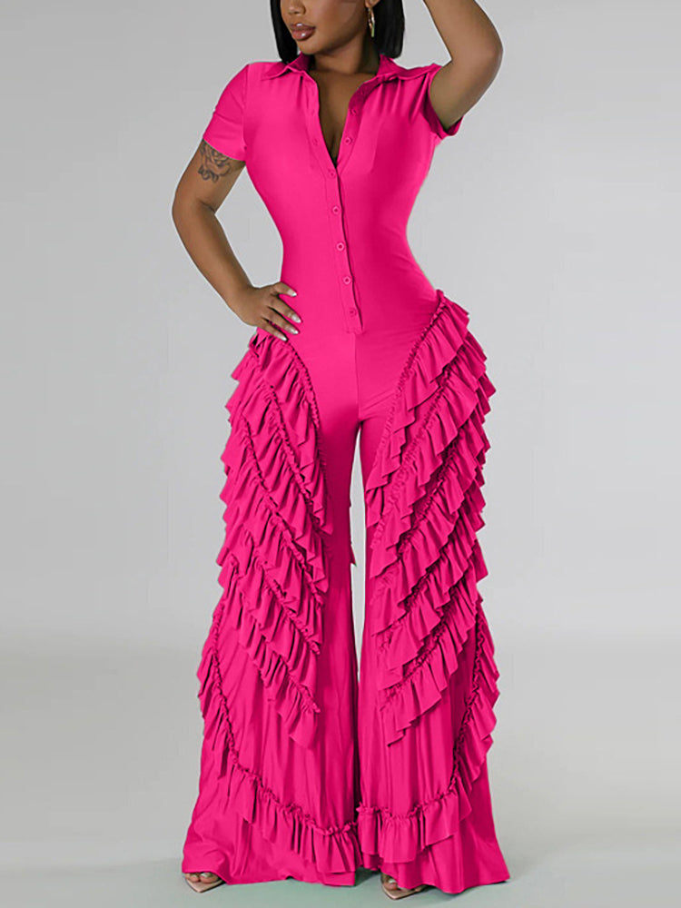 Two Pieces Short Sleeve Ruffle Trim Jumpsuit