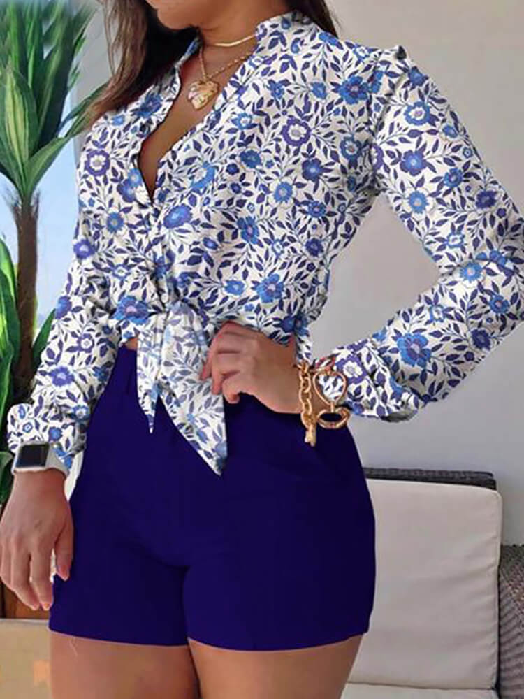 Two Piece Long Sleeve Shirt High Waist Shorts