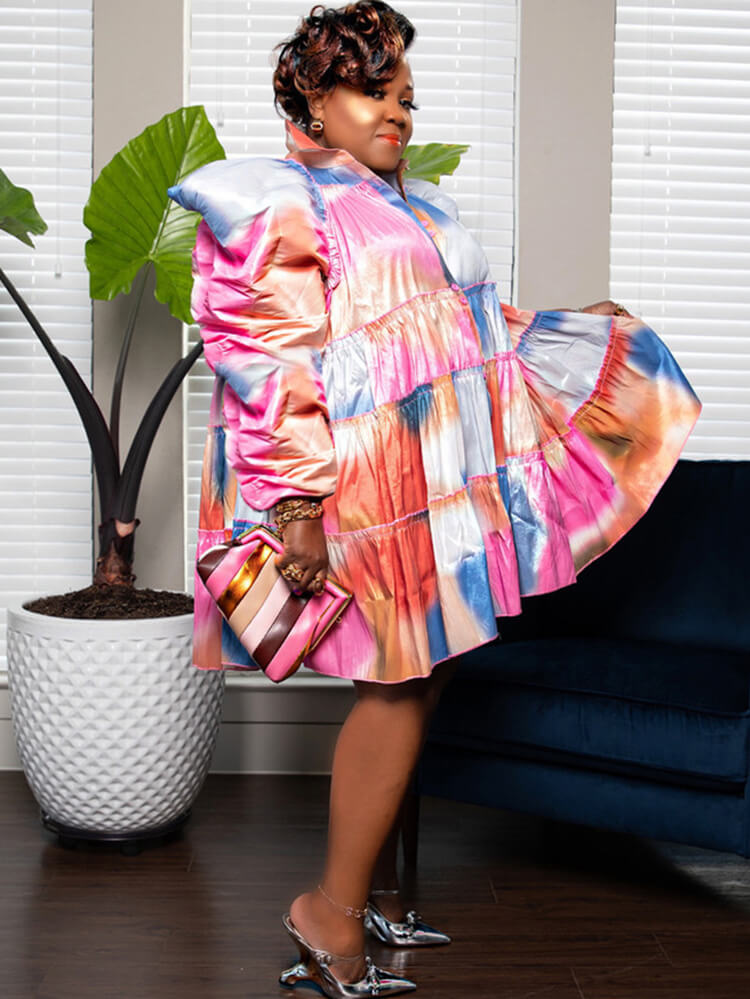 Long Sleeve Tie Dye Ruffle Mini Dress