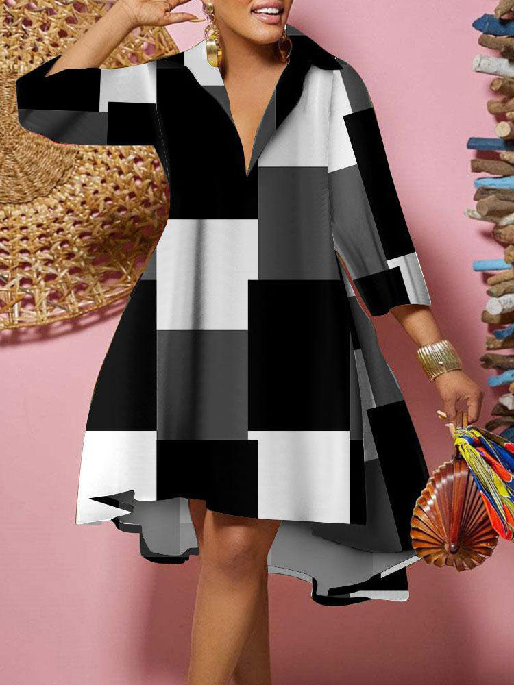 Long Sleeves V Neck Print Midi Dress