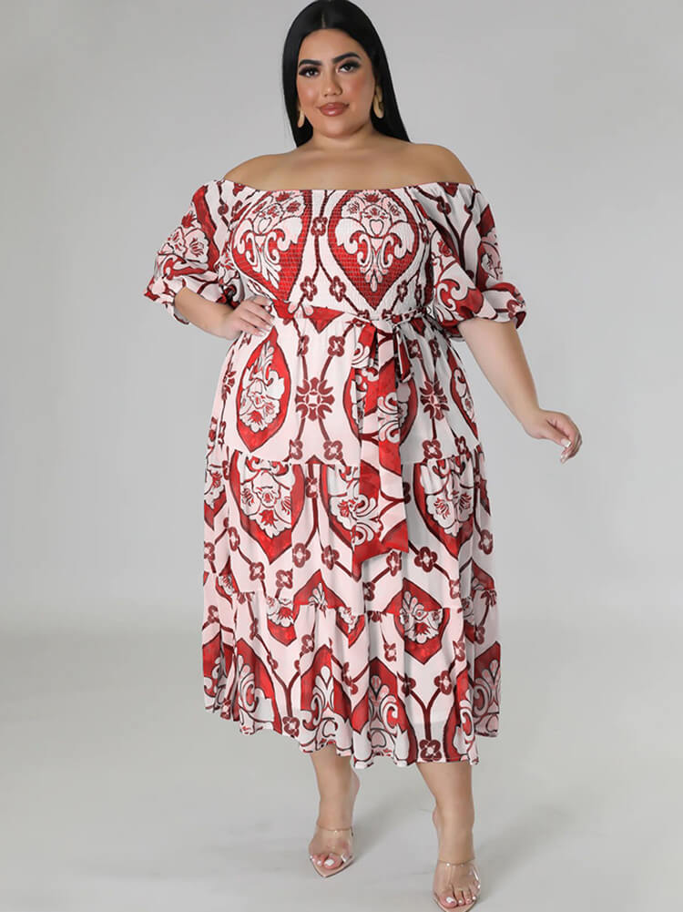 Short Sleeve Off Shoulder Floral Midi Dress