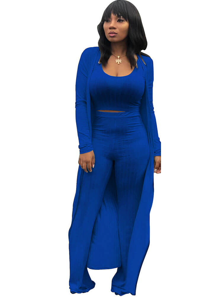 Three Pieces Set Crop Top Long Kimono Cardigan Pants