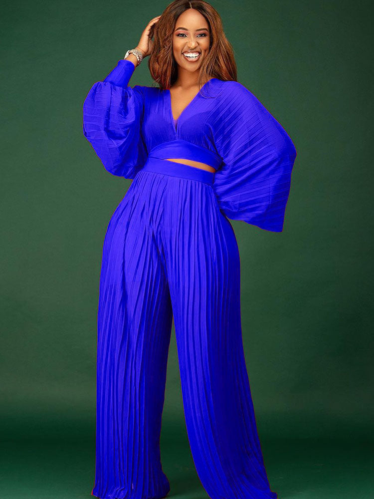 Long Sleeve V-Neck Top and Wide Leg Pants Set