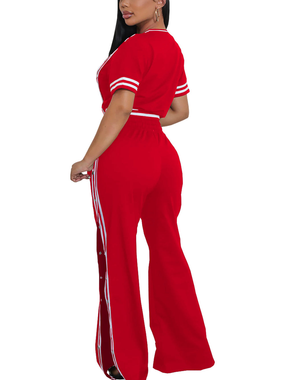 Two Pieces Side Stripe Top Split Wide-Leg Pants
