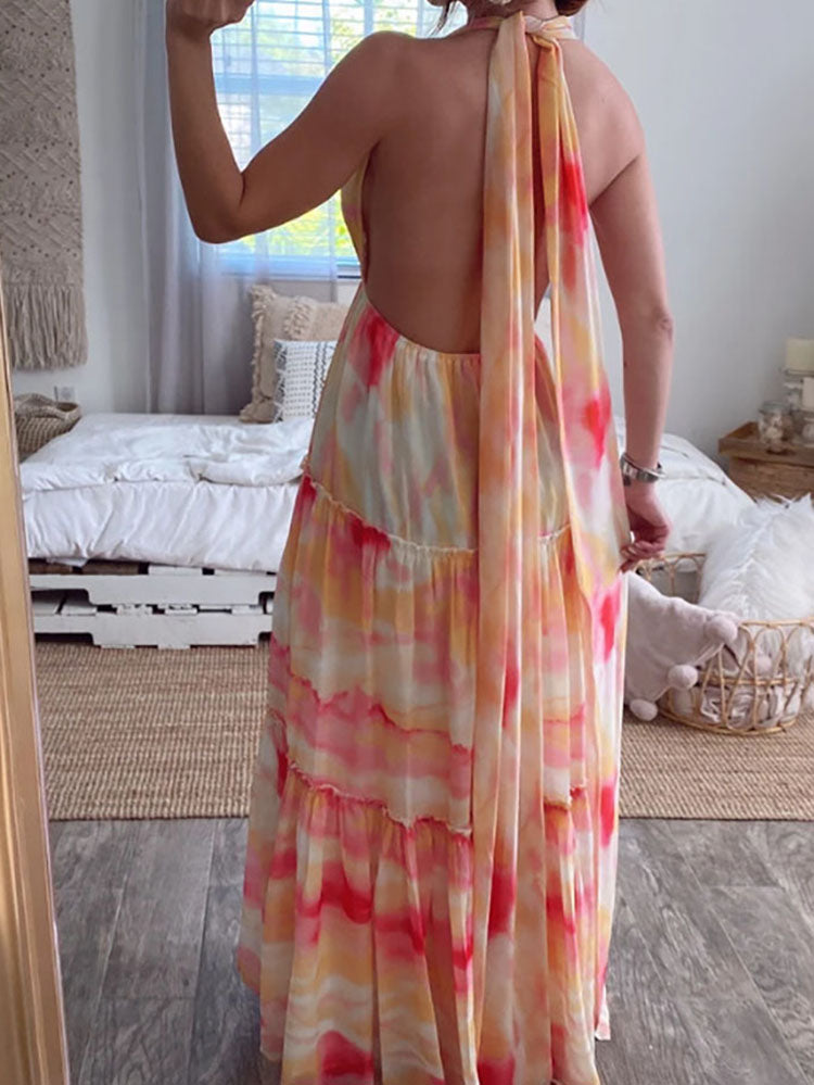 Gradient Print Halter Backless Maxi Dress