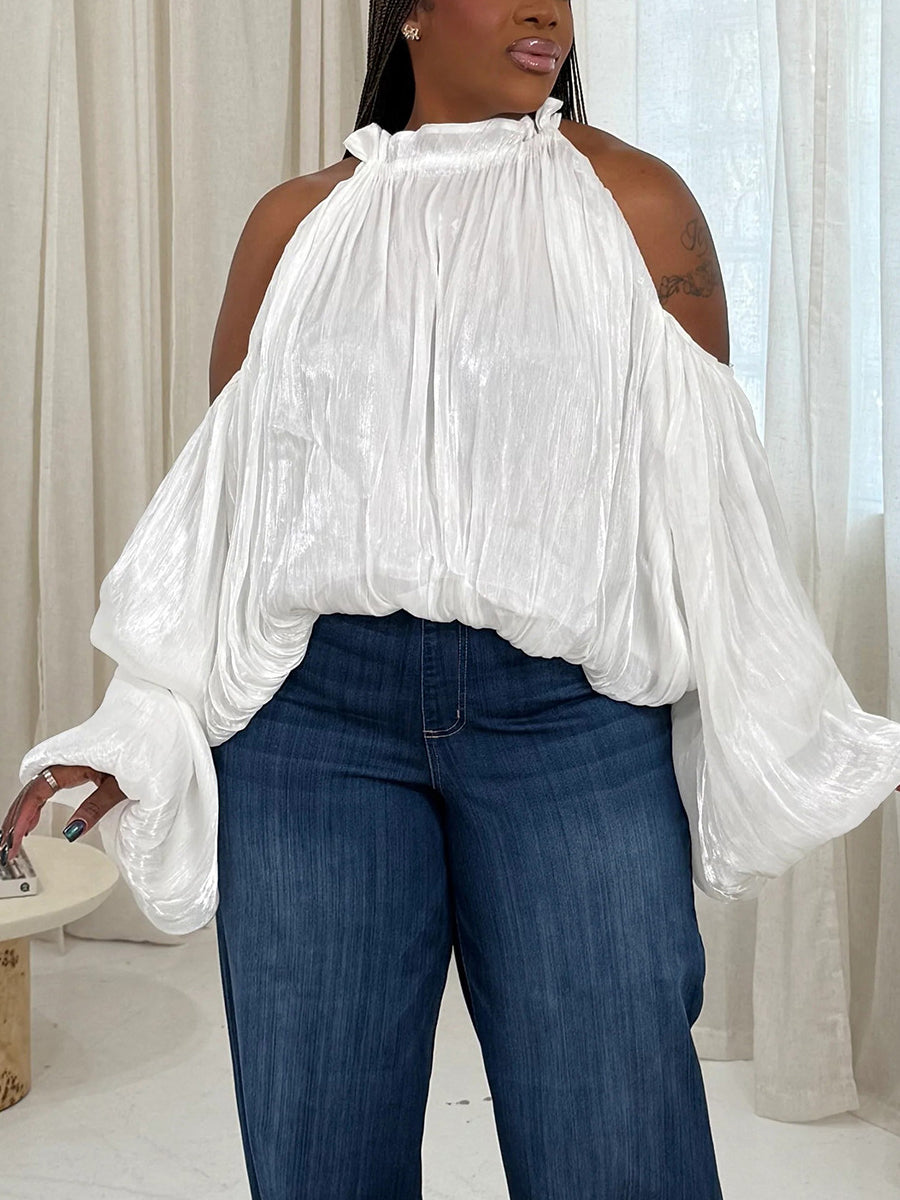 Off Shoulder Organza Lantern Sleeve Blouse