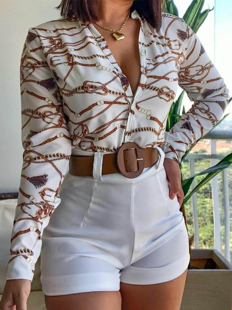 Two Piece Long Sleeve Shirt High Waist Shorts