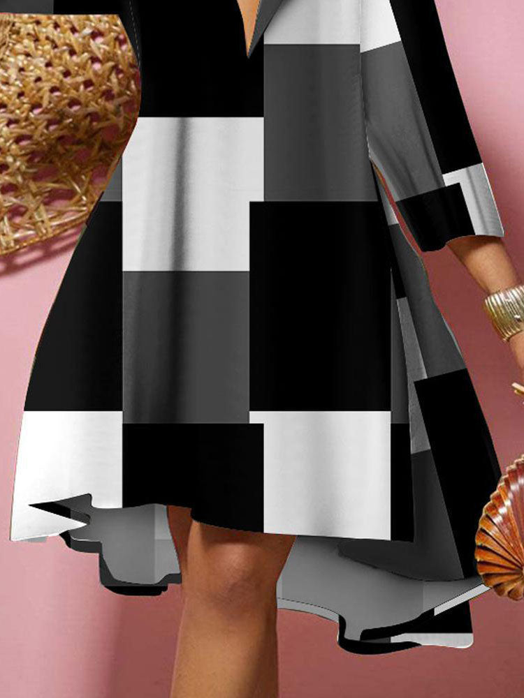 Long Sleeves V Neck Print Midi Dress